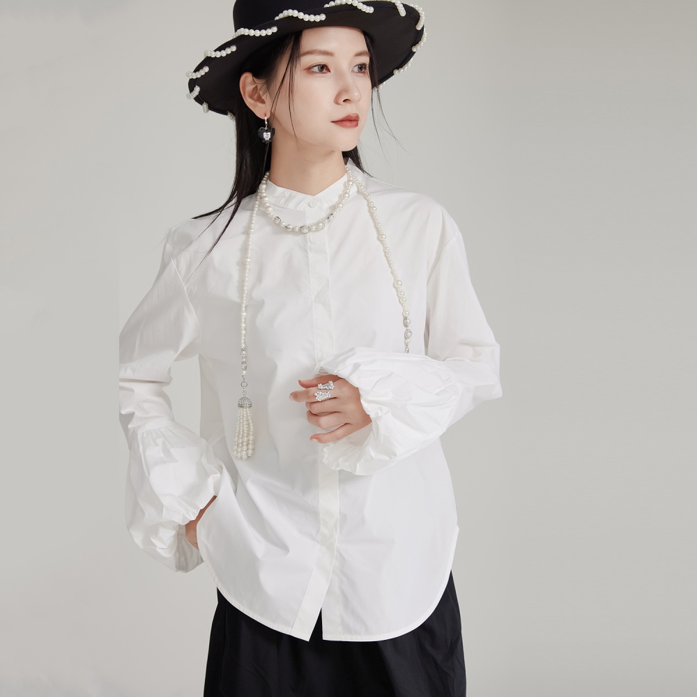 Slim lantern sleeve cstand collar shirt for women