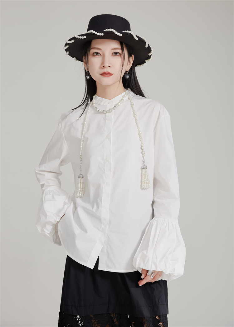 Slim lantern sleeve cstand collar shirt for women