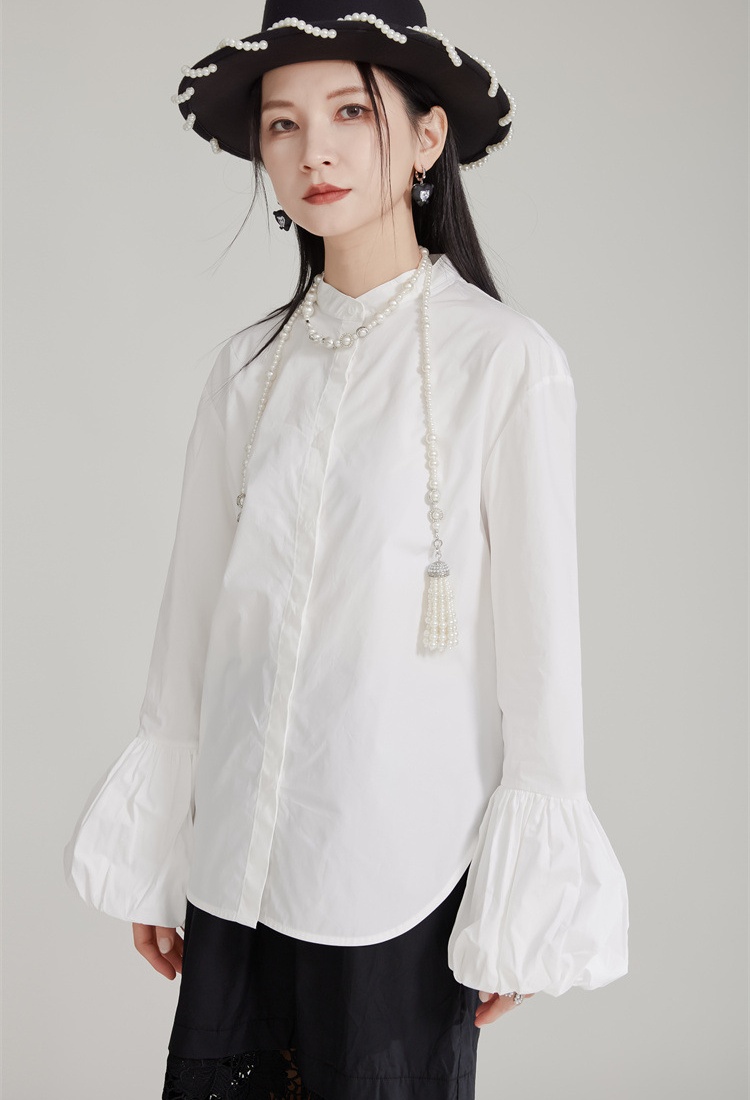 Slim lantern sleeve cstand collar shirt for women