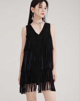 Black halter V-neck T-back tassels rock dress