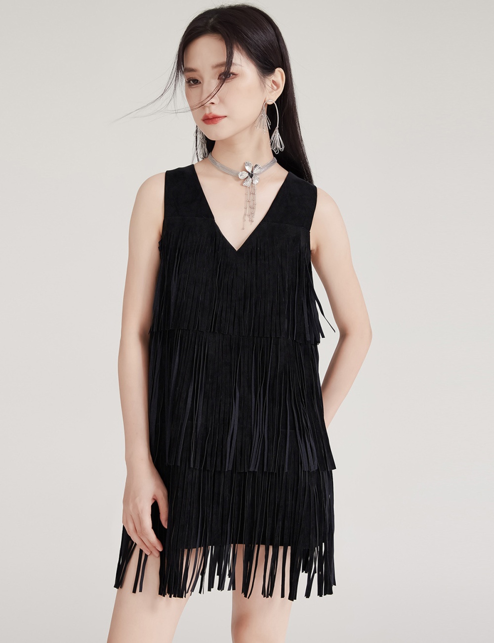 Black halter V-neck T-back tassels rock dress