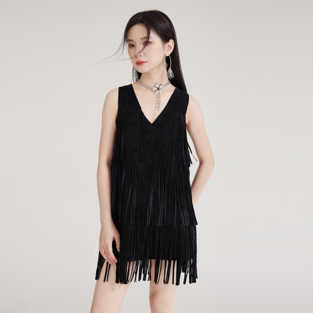 Black halter V-neck T-back tassels rock dress