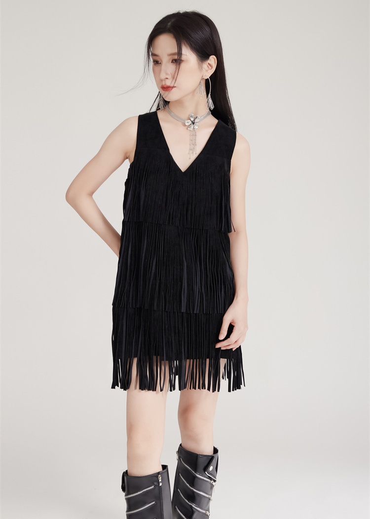 Black halter V-neck T-back tassels rock dress