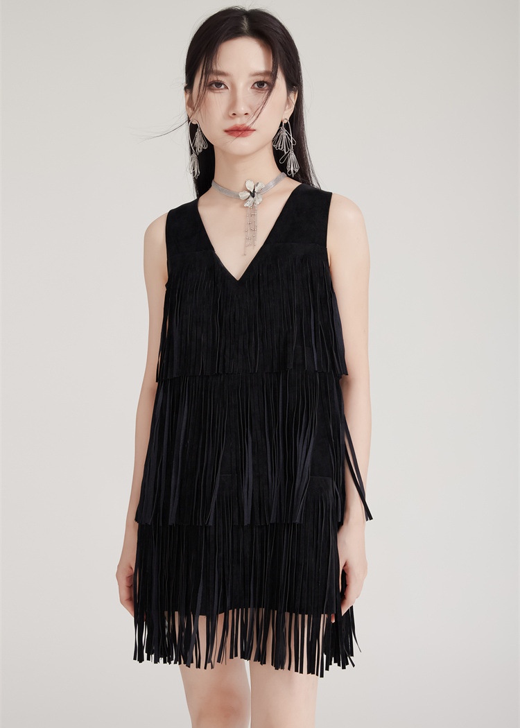 Black halter V-neck T-back tassels rock dress