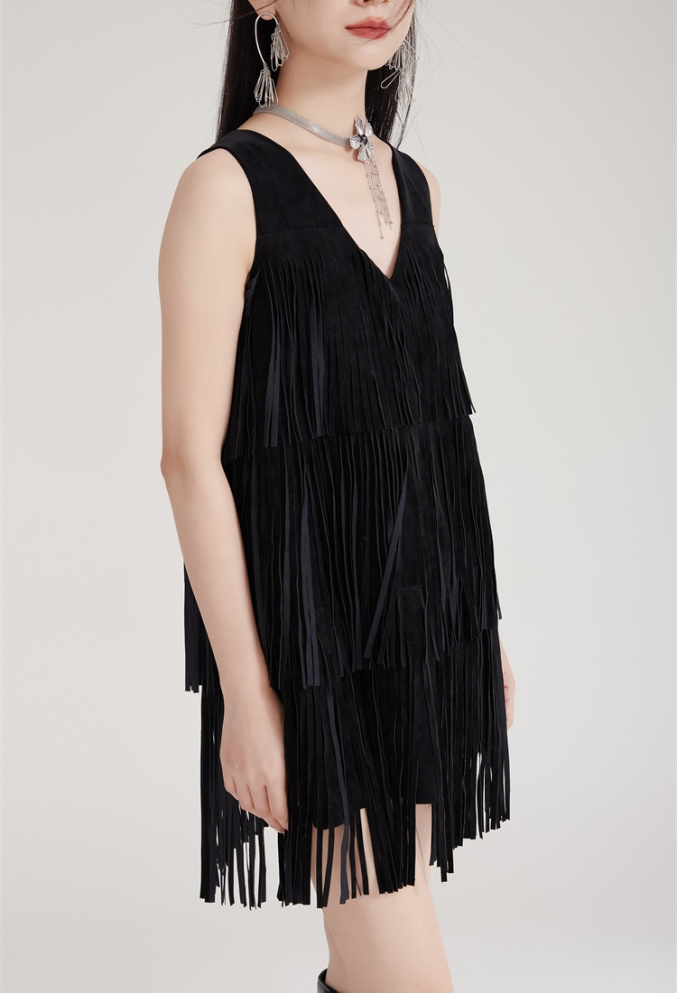 Black halter V-neck T-back tassels rock dress