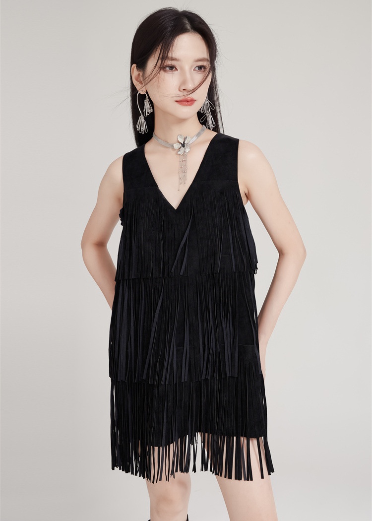 Black halter V-neck T-back tassels rock dress