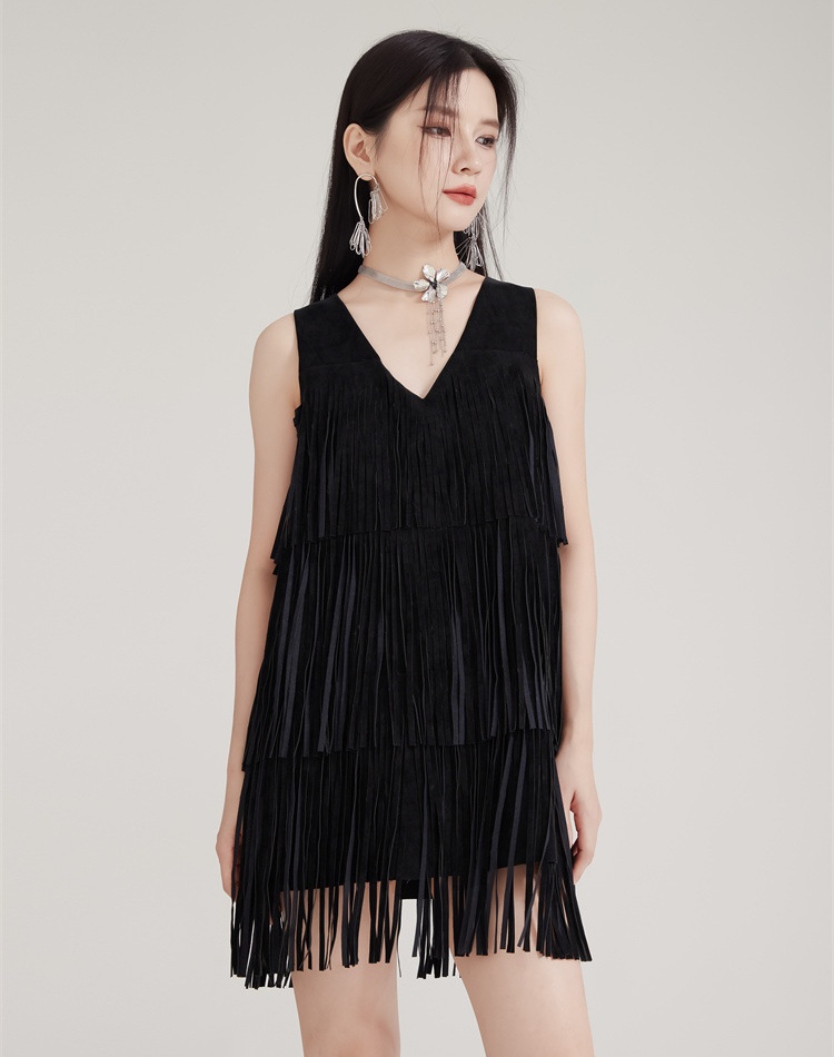 Black halter V-neck T-back tassels rock dress