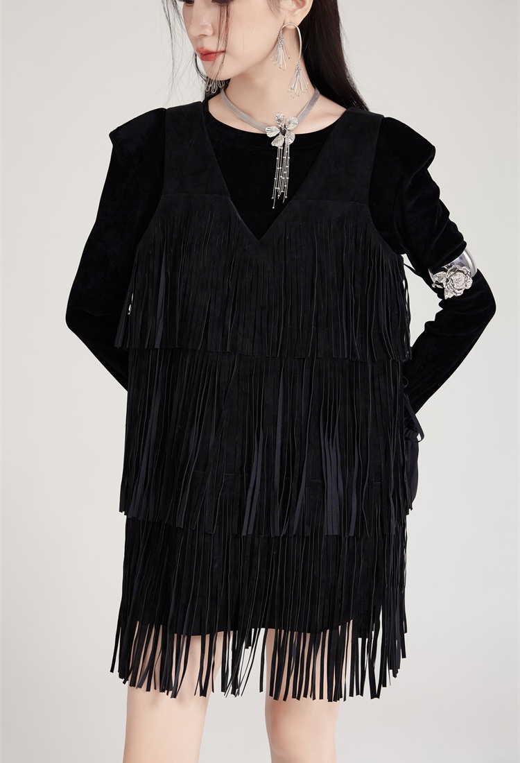 Black halter V-neck T-back tassels rock dress