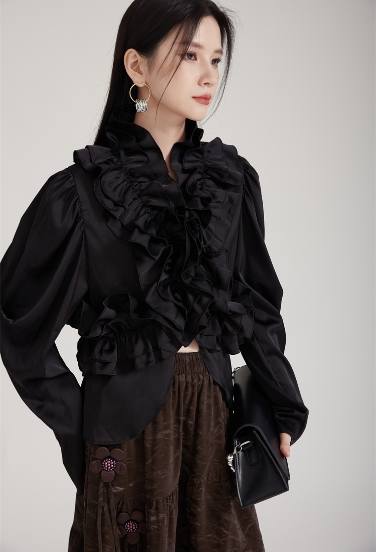 Zip wood ear long sleeve shirt court style lady tops for women