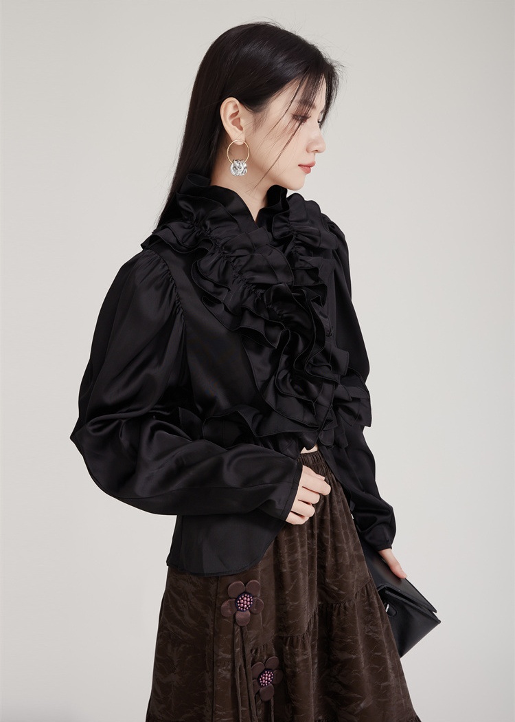 Zip wood ear long sleeve shirt court style lady tops for women