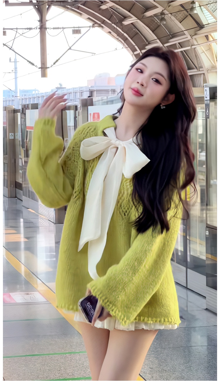 Loose hollow autumn sweater long sleeve bow tops for women