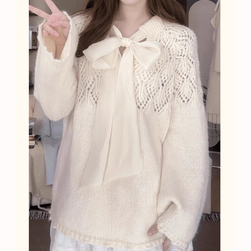 Loose hollow autumn sweater long sleeve bow tops for women