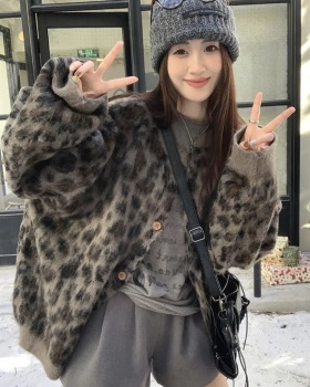 Retro knitted coat leopard tops for women