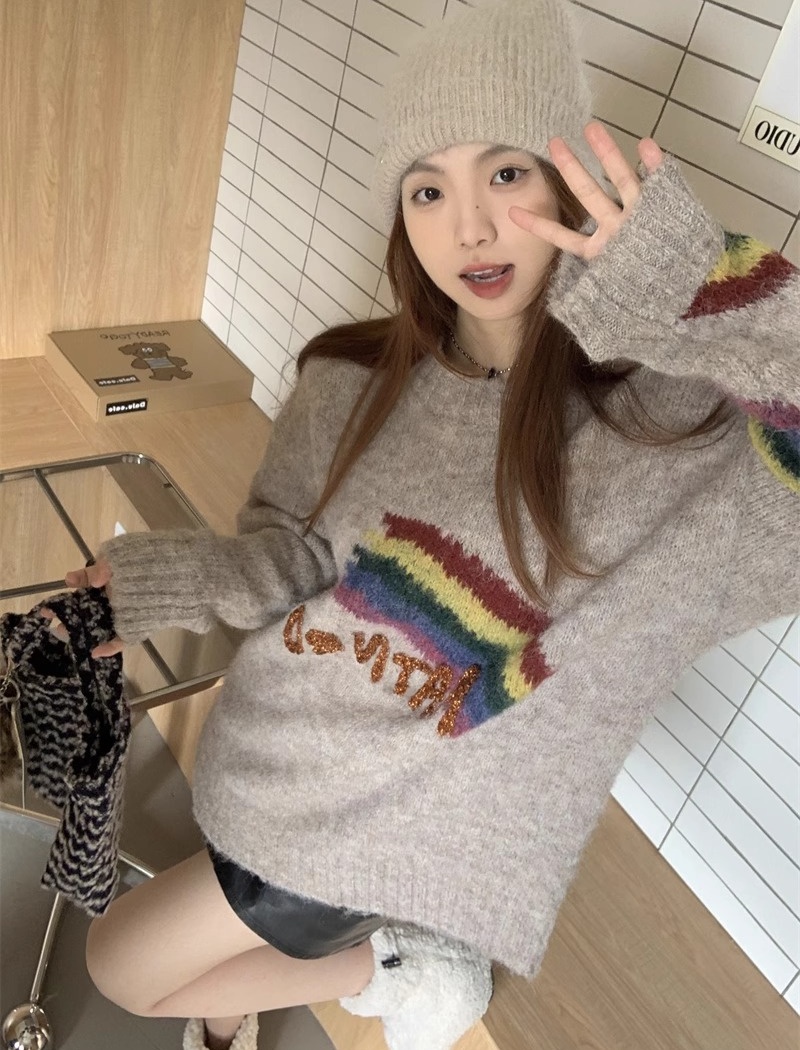 Retro knitted tops American style letters sweater for women