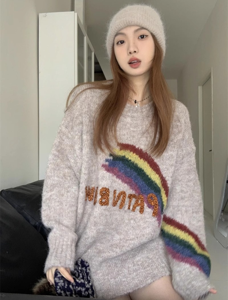 Retro knitted tops American style letters sweater for women