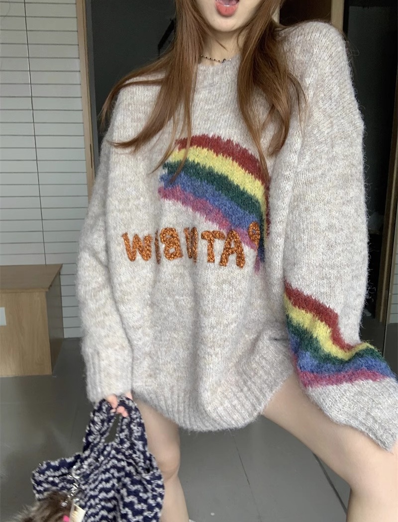 Retro knitted tops American style letters sweater for women