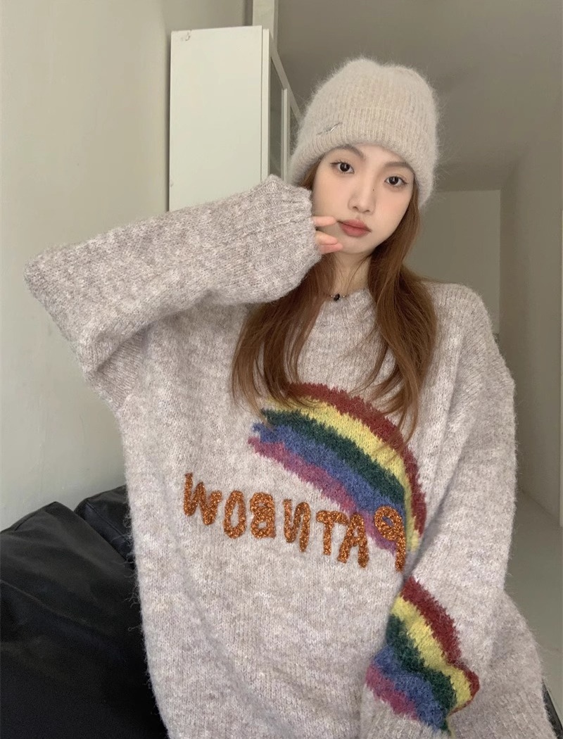 Retro knitted tops American style letters sweater for women