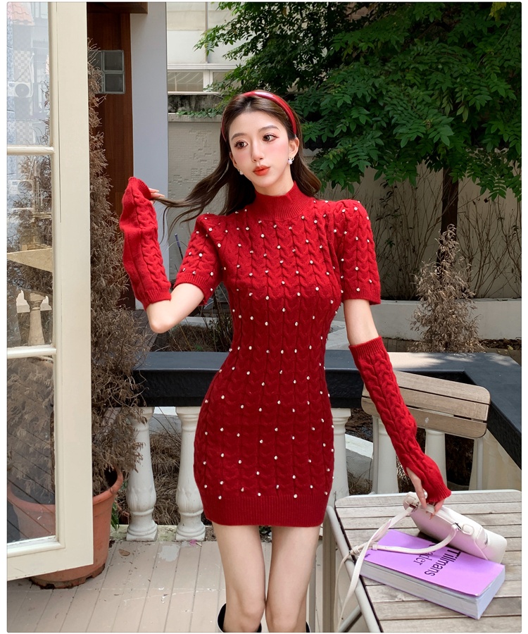 Slim wear T-back rhinestone christmas dress for women