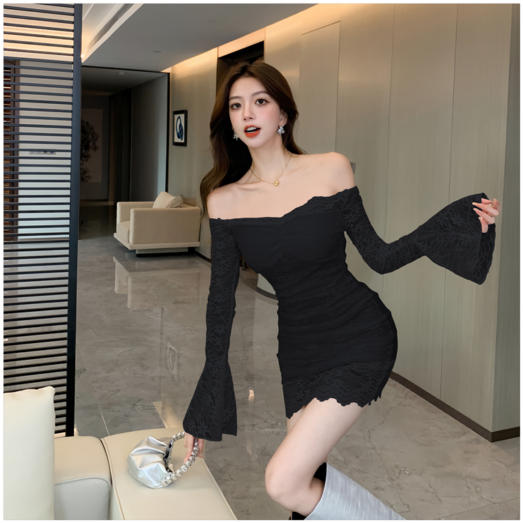 Trumpet sleeves lace slim package hip dress for women