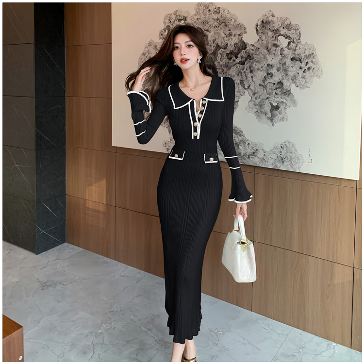 Lapel retro autumn and winter light luxury dress for women