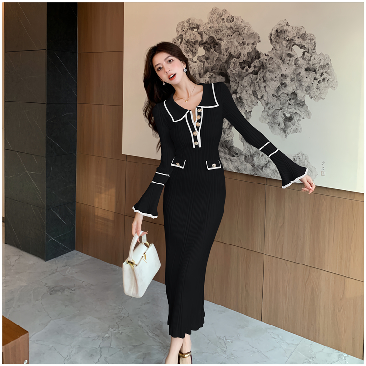 Lapel retro autumn and winter light luxury dress for women