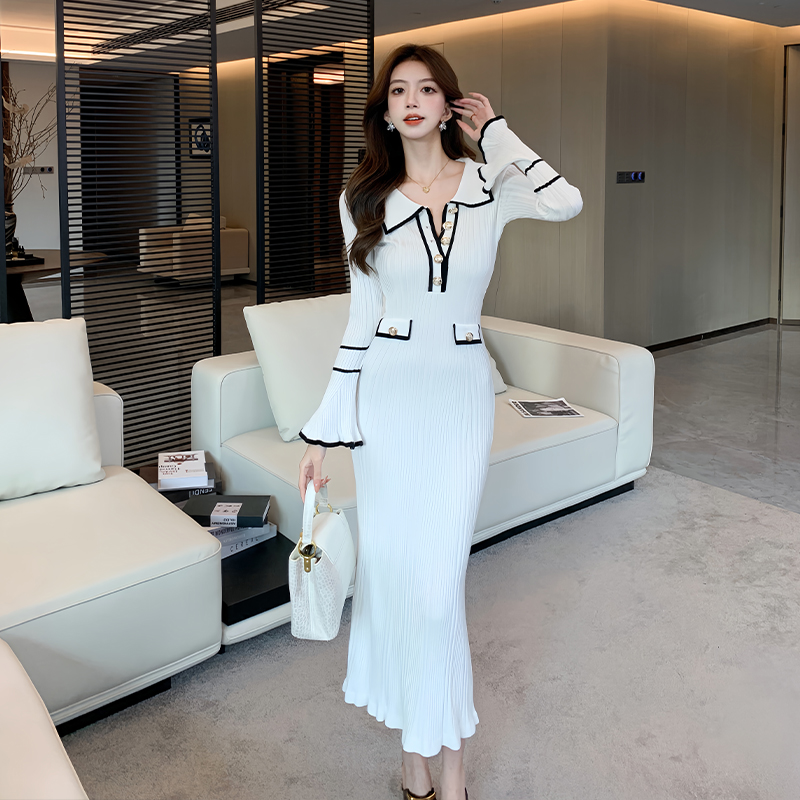 Lapel retro autumn and winter light luxury dress for women