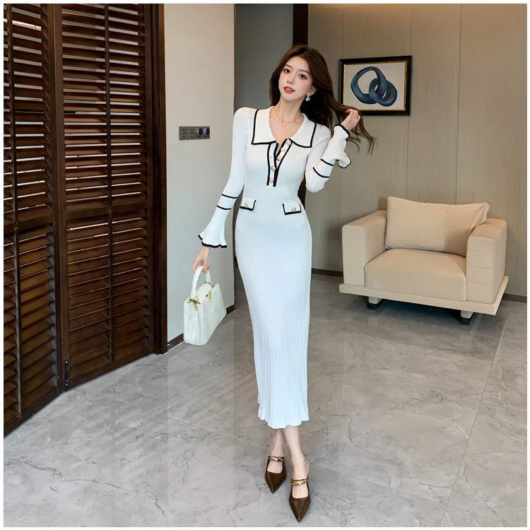 Lapel retro autumn and winter light luxury dress for women