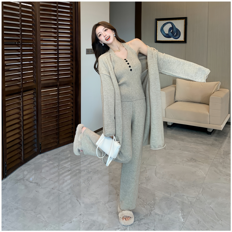 Autumn and winter long coat knitted cardigan 3pcs set