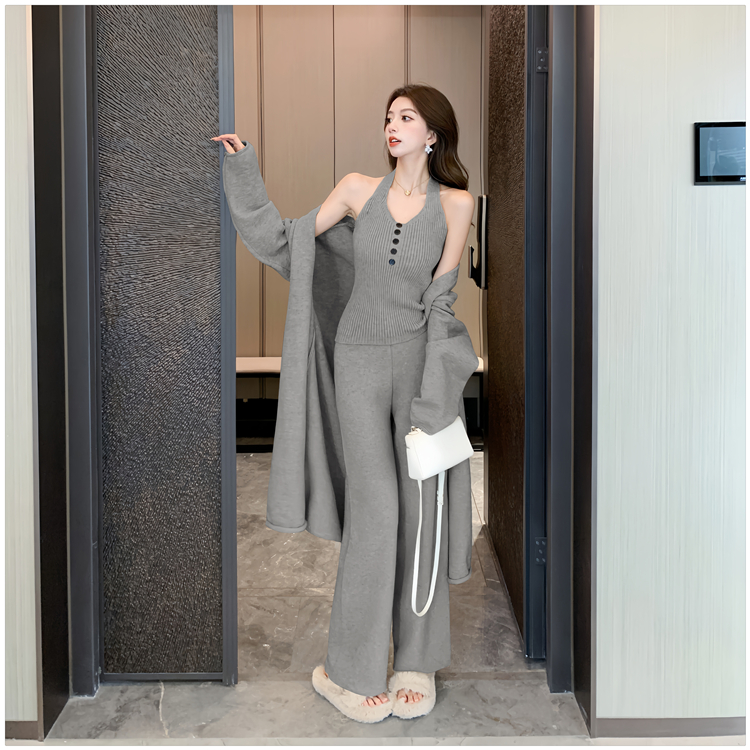 Autumn and winter long coat knitted cardigan 3pcs set