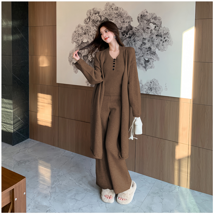 Autumn and winter long coat knitted cardigan 3pcs set