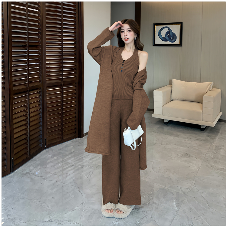 Autumn and winter long coat knitted cardigan 3pcs set