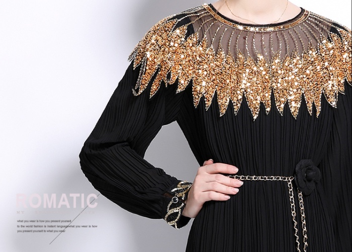 Loose beading dress sequins lantern sleeve long dress