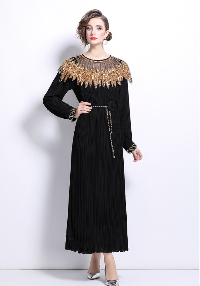 Loose beading dress sequins lantern sleeve long dress