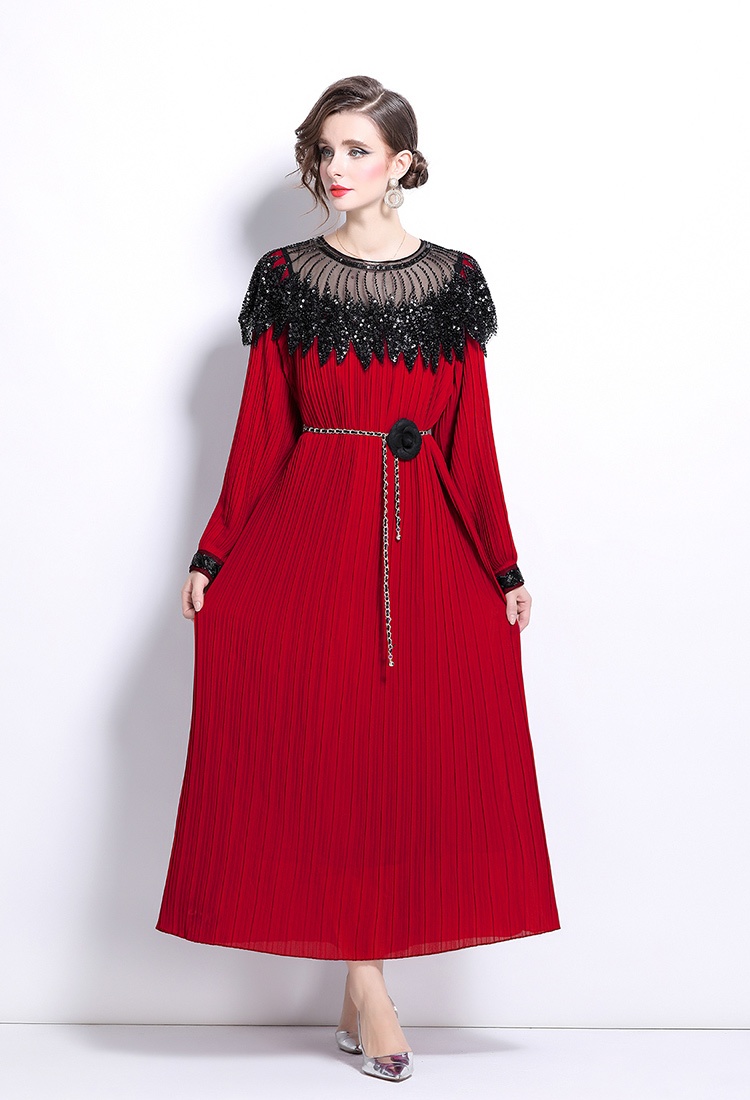 Loose beading dress sequins lantern sleeve long dress