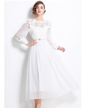 Lace chiffon with belt formal dress big skirt splice dress