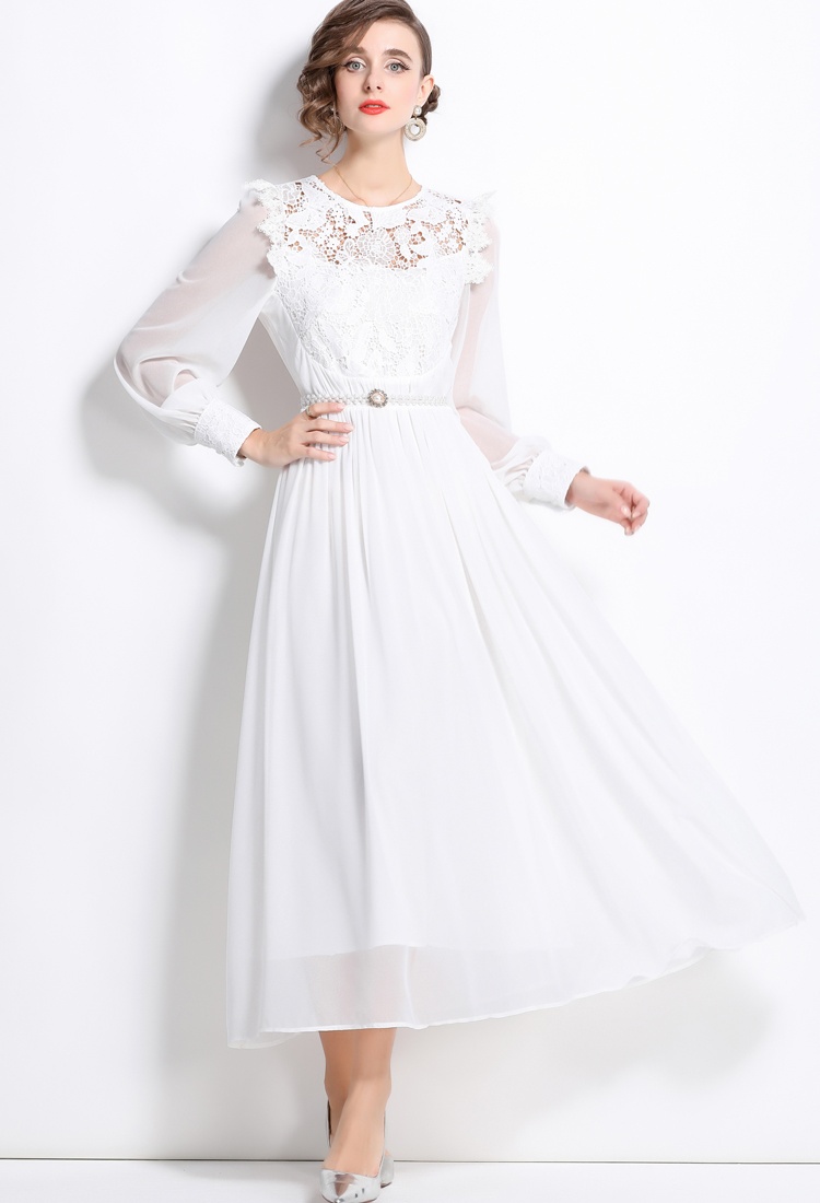 Lace chiffon with belt formal dress big skirt splice dress