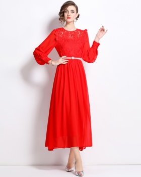 Lace with belt chiffon formal dress big skirt splice dress