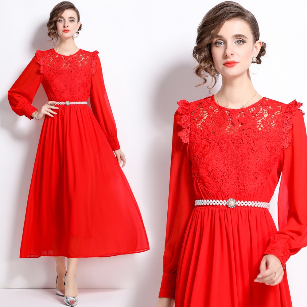 Lace with belt chiffon formal dress big skirt splice dress