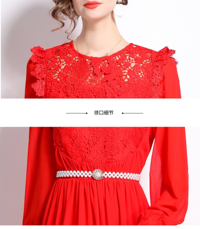 Lace with belt chiffon formal dress big skirt splice dress