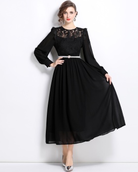 With belt lace formal dress big skirt splice dress