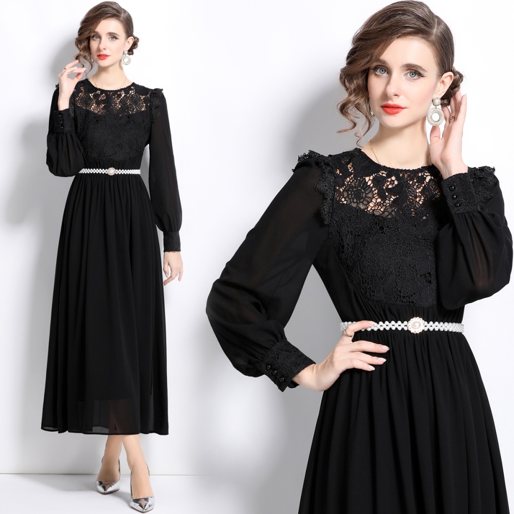 With belt lace formal dress big skirt splice dress