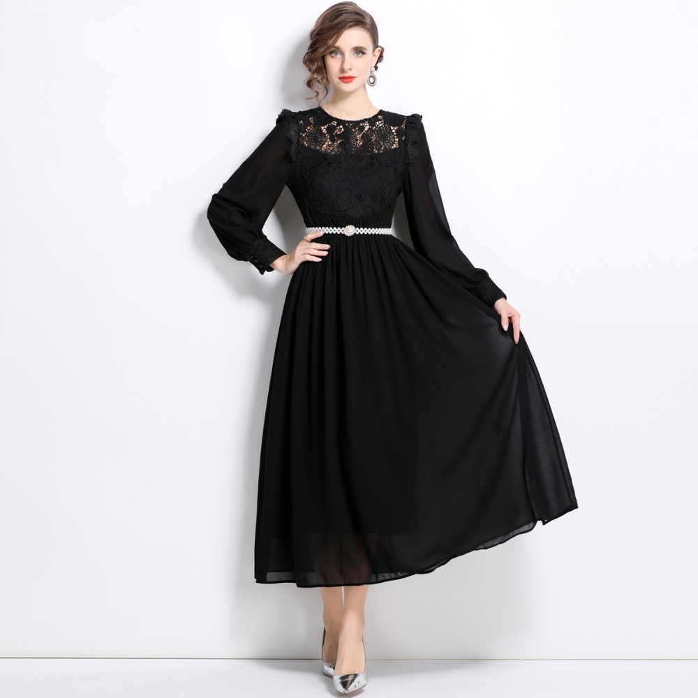 With belt lace formal dress big skirt splice dress