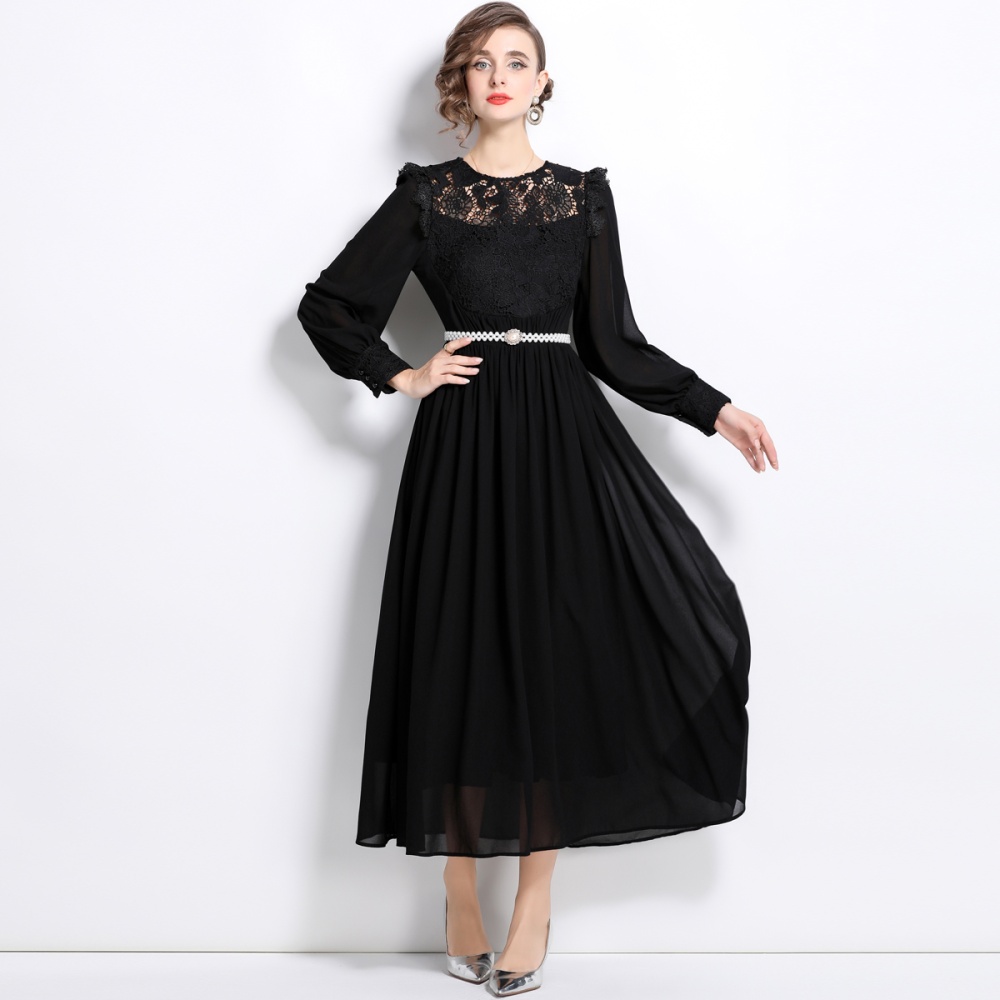 With belt lace formal dress big skirt splice dress