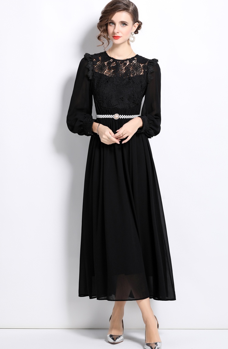 With belt lace formal dress big skirt splice dress