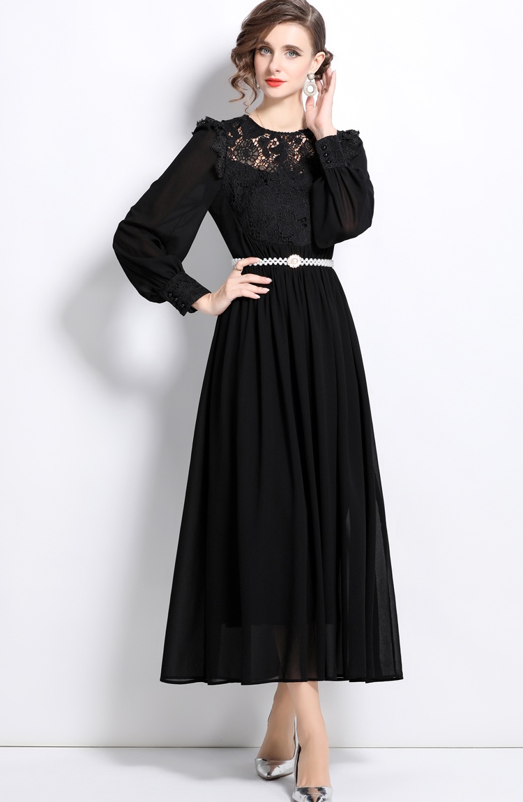 With belt lace formal dress big skirt splice dress