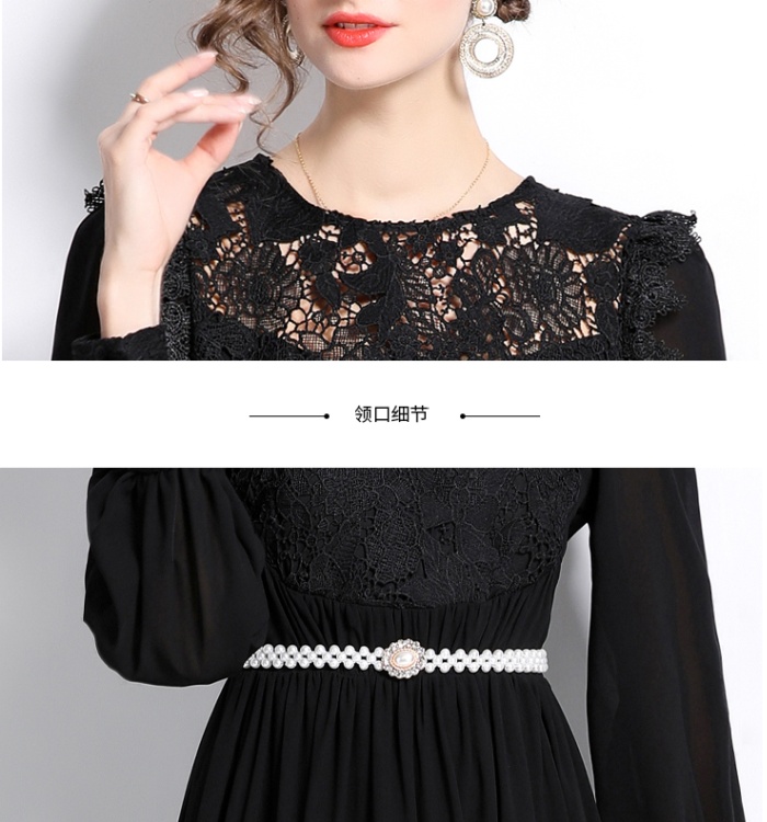 With belt lace formal dress big skirt splice dress