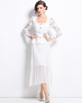 Lace pleated slim lady white pinched waist splice dress