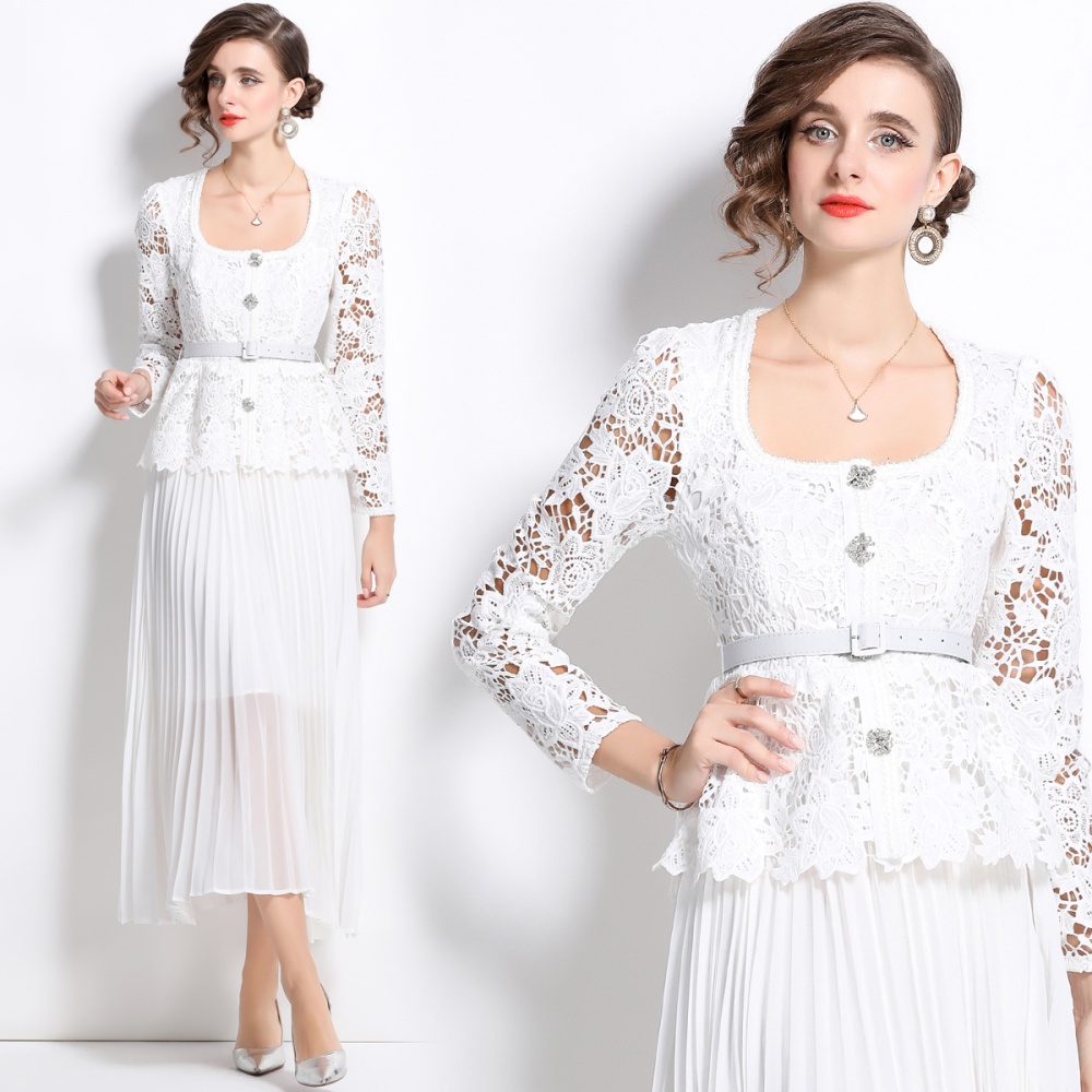 Lace pleated slim lady white pinched waist splice dress