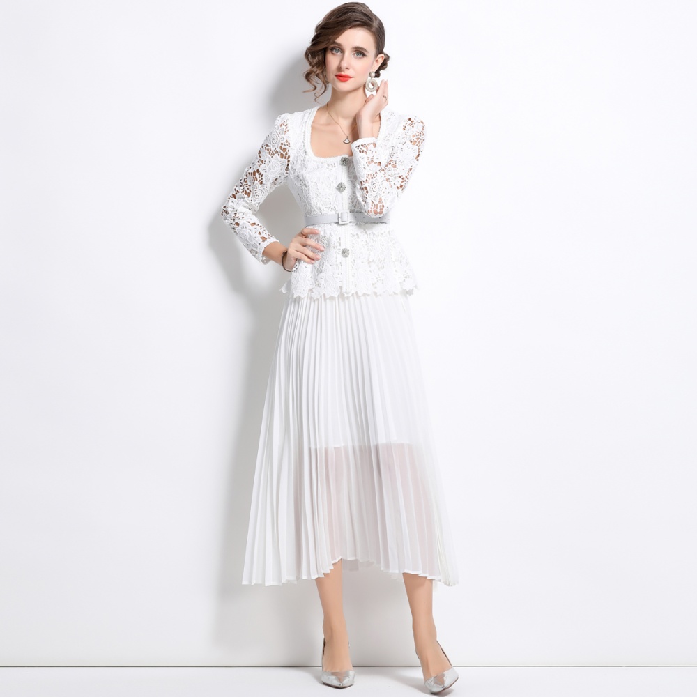 Lace pleated slim lady white pinched waist splice dress