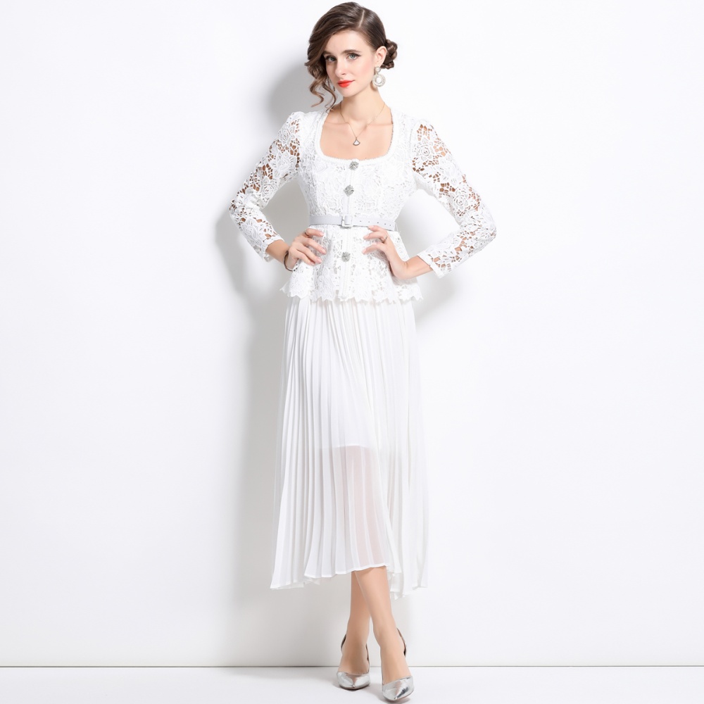 Lace pleated slim lady white pinched waist splice dress